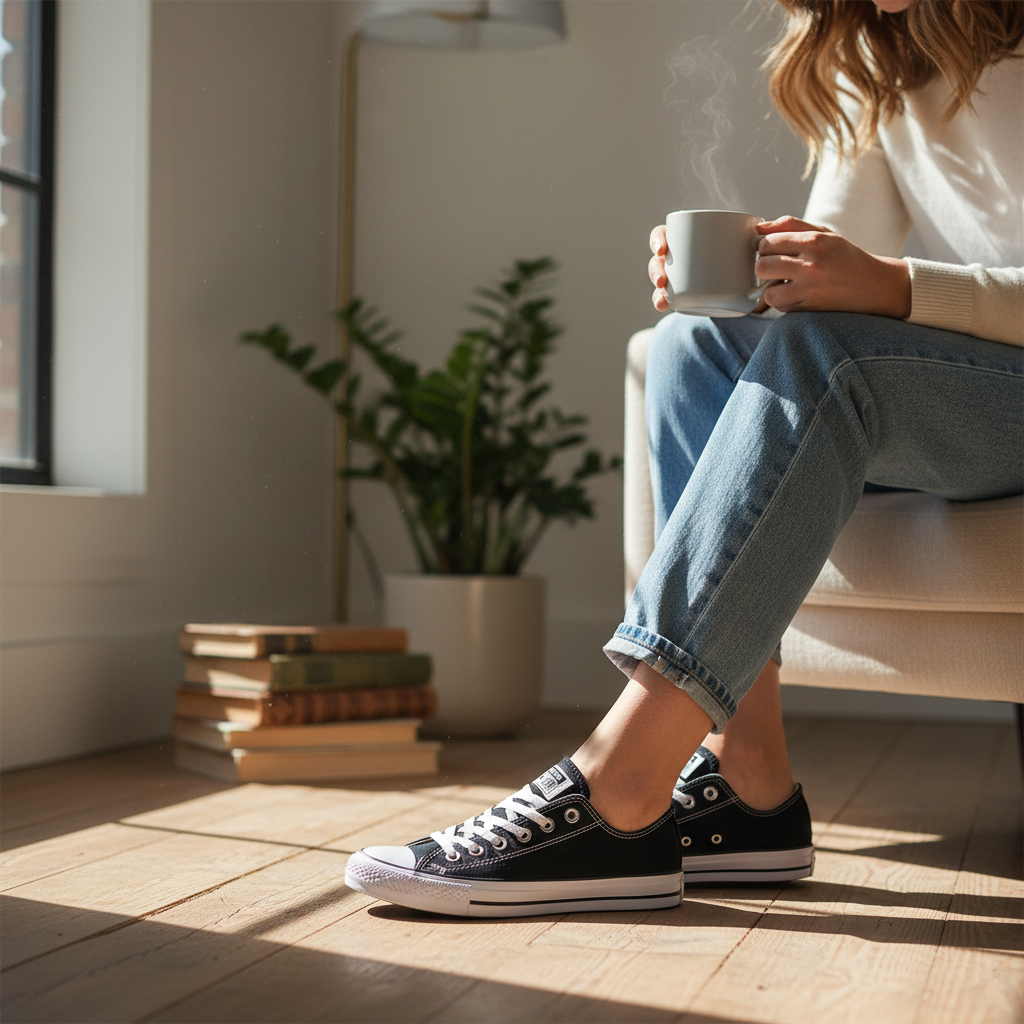 Zapatillas Converse negras con suela blanca en contraste, usadas por una mujer con vaqueros en un salón luminoso.