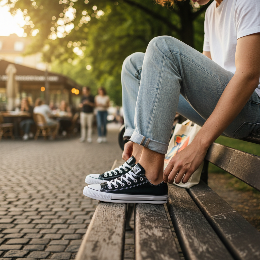Zapatillas Converse negras con suela blanca en contraste, usadas por una persona con vaqueros en un banco de parque