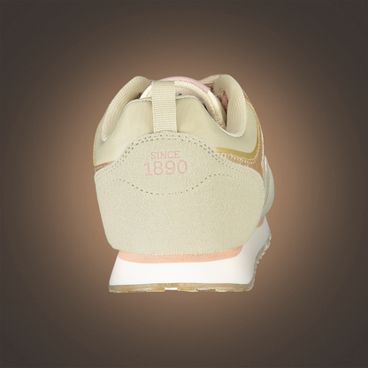 Vista trasera de zapatillas deportivas liquidationlive U.S. Polo Assn. en tonos beige y rosa con detalle 1890