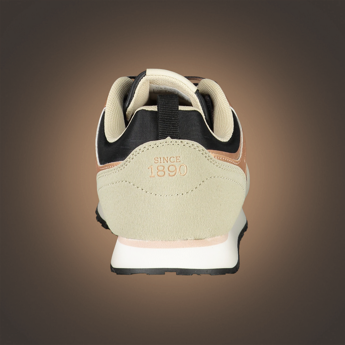 Vista trasera de zapatillas deportivas U.S. Polo Assn. en beige, negro y rosa con detalle de ante y logo 1890